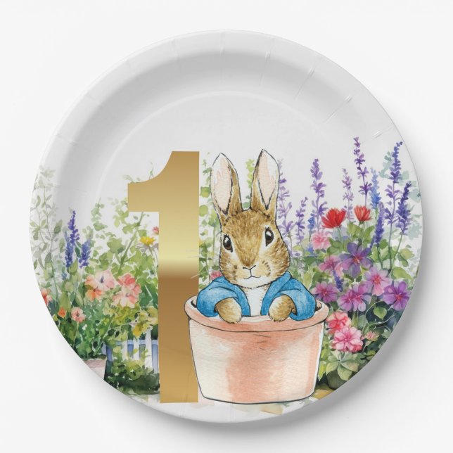 Peter the Rabbit in a pot first birthday Paper Plate (Front)