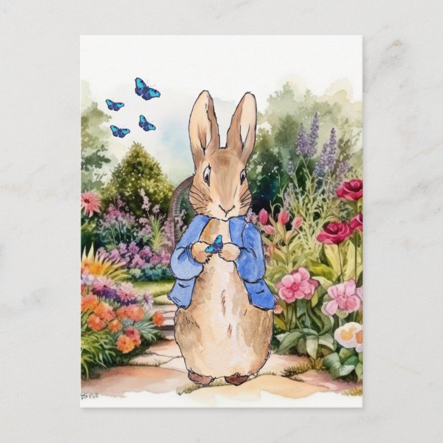 Peter the rabbit in garden with blue butterflies postcard (Front)