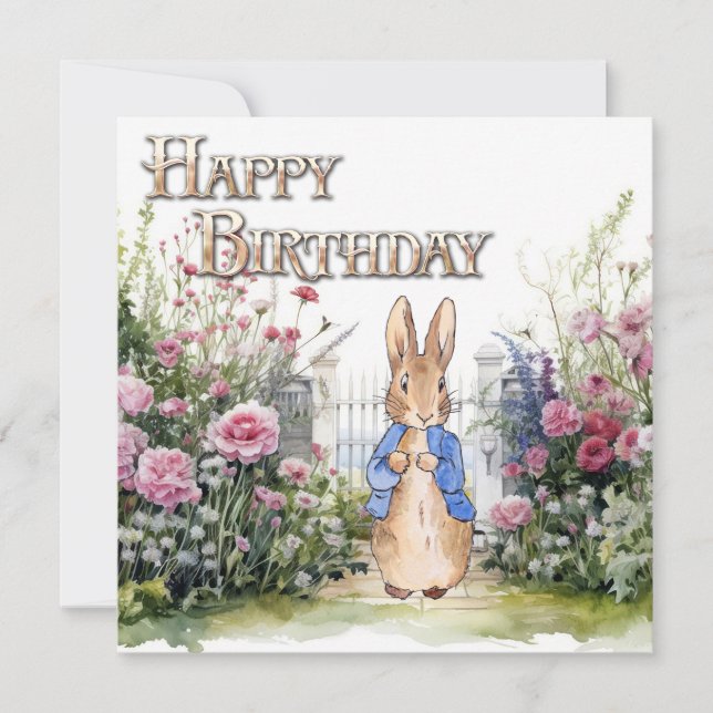 Peter the Rabbit in his garden No 2 Happy Birthday Card (Front)