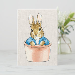 Peter the Rabbit in plant pot beige linen texture Invitation