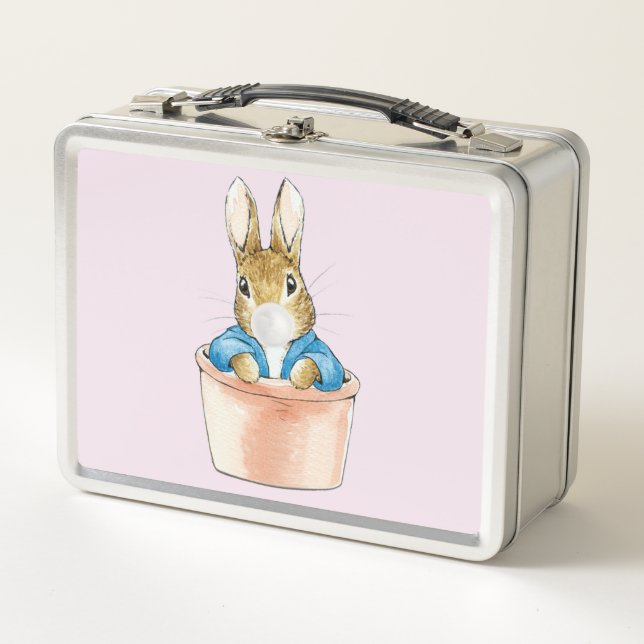 Peter the Rabbit in pot plant blowing white gum Metal Lunch Box (Front)