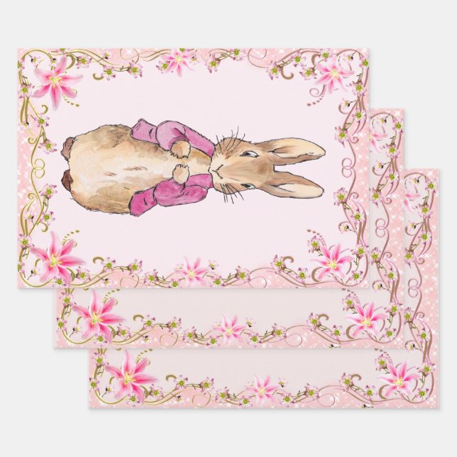 Peter the Rabbit Pink jacket Floral Frame Wrapping Paper Sheet (Set)