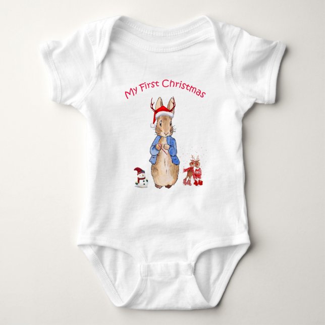 Peter the rabbit Santa hat Reindeer Snow man Baby Bodysuit (Front)