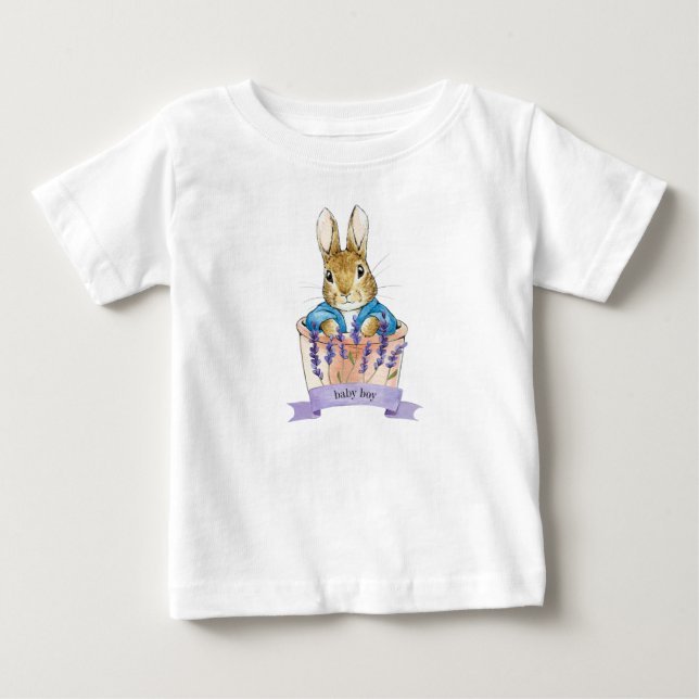 Peter the Rabbit Sitting in a Pot Baby Boy text T-Shirt (Front)