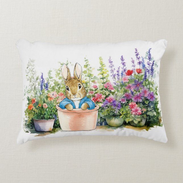 Peter the rabbit sitting in a pot decorative cushion (Front)