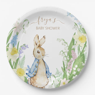 Peter the Rabbit Spring Blooms Blue Baby Shower Paper Plate