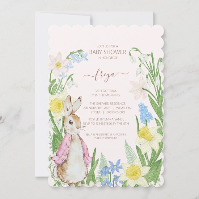 Peter the Rabbit Spring Blooms Pink Baby Shower Invitation (Front)