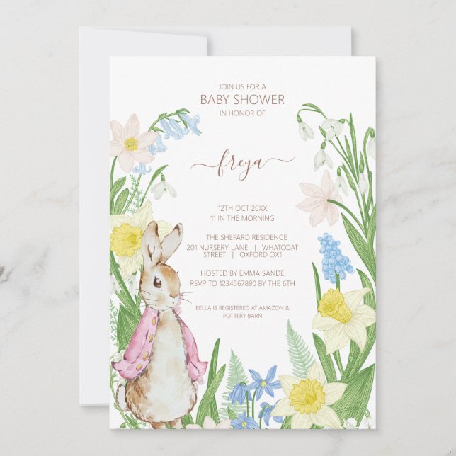 Peter the Rabbit Spring Blooms Pink Baby Shower Invitation (Front)