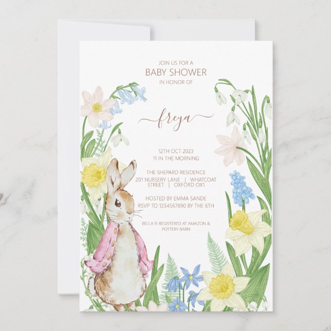 Peter the Rabbit Spring Blooms Pink Baby Shower Invitation (Front)