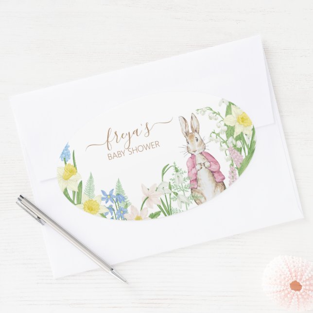 Peter the Rabbit Spring Blooms Pink Baby Shower Oval Sticker (Envelope)