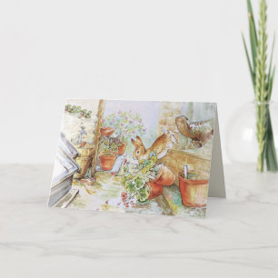Peter the rabbit tumbling in garden shed 	 card