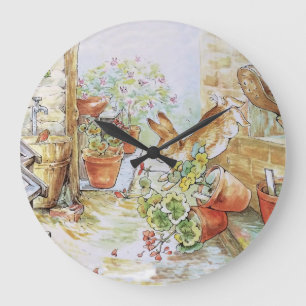 Peter the rabbit tumbling in garden shed large clock