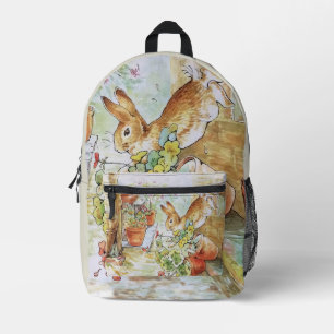 Peter the rabbit tumbling in garden shed printed backpack