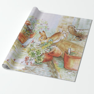 Peter the rabbit tumbling in garden shed 	 wrapping paper