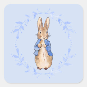 Peter the Rabbit with blue leaf wreath   Square Sticker