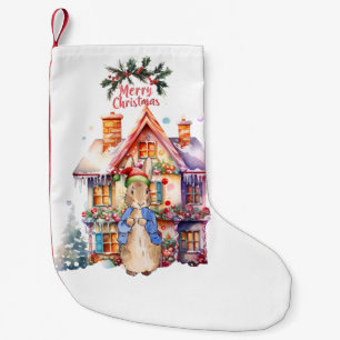 Peter the Rabbit with Christmas cottage Small Christmas Stocking
