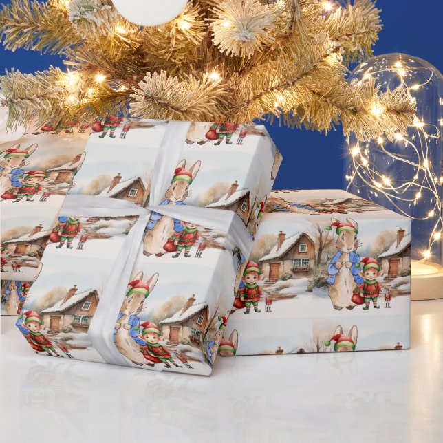 Peter the Rabbit with Elf and snowy landscape Wrapping Paper (Holidays)
