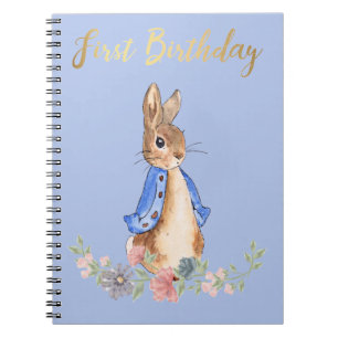 Peter the Rabbit with Gold First Birthday Text Notebook