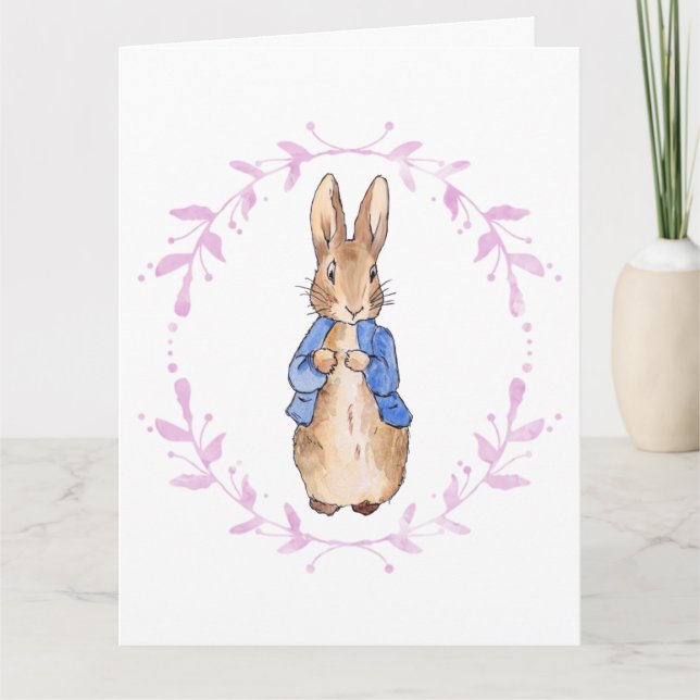 Peter the Rabbit with Pink leaf Wreath   Card (Front)