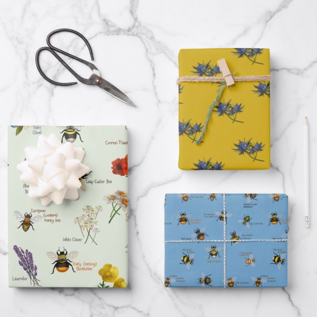 PetitArt | Bees & Wildflowers Set of 3  Wrapping P Wrapping Paper Sheet (Front)