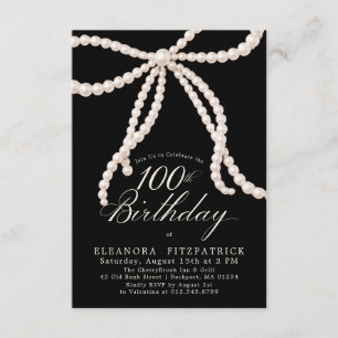 PETITE 100th Birthday Black White Pearl Bow Invitation
