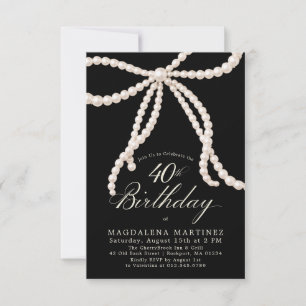 PETITE 40th Birthday Black White Pearl Bow Invitation