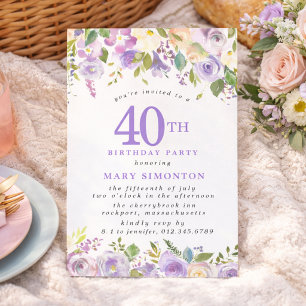 PETITE 40th Birthday Party Purple Rose Floral Invitation
