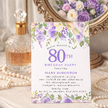 PETITE 80th Birthday Party Purple Rose Floral Invitation<br><div class="desc">Honour a special woman with this elegant and feminine 80th Birthday party petite invitation. 80th is written in large purple text. Birthday celebration follows. The honoured guest's name is also in blue capital letters. The remainder of the text is soft dove grey. The birthday celebration details are surrounded top and...</div>