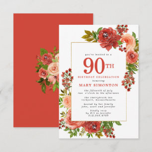 PETITE 90th Birthday Burgundy Red Coral Pink Rose Invitation