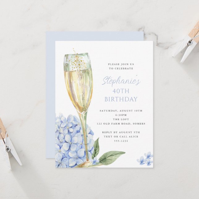 Petite Blue Hydrangea Blooms Birthday Party Invitation (Front/Back In Situ)
