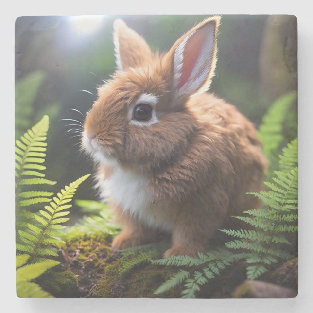 "Petite Charm: The Brown and White Dwarf Bunny" Stone Coaster (Front)