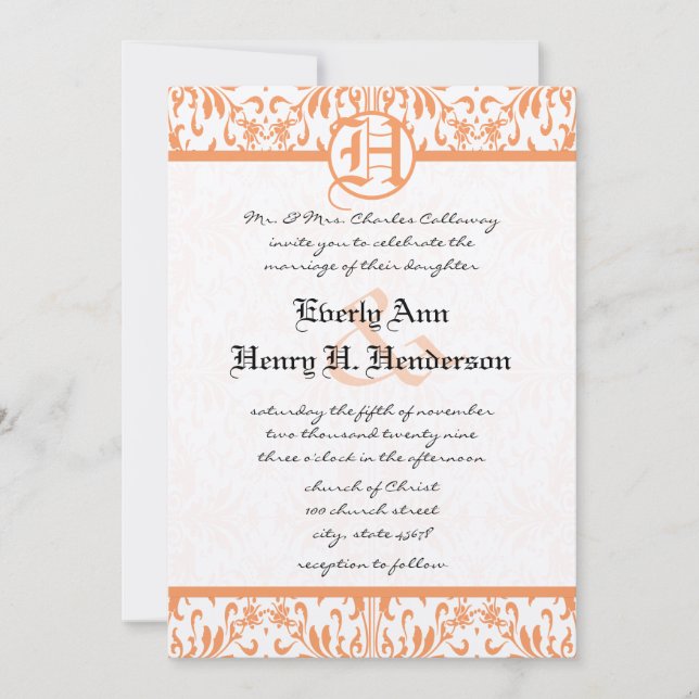 Petite Coral Damask Grey Font Wedding Invitate Invitation (Front)