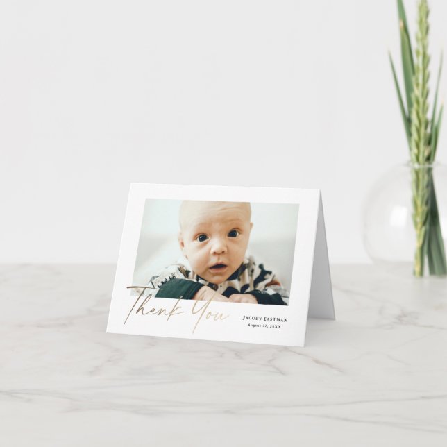 Petite Elegant Gold Script Baby Photo Thank You Card (Front)