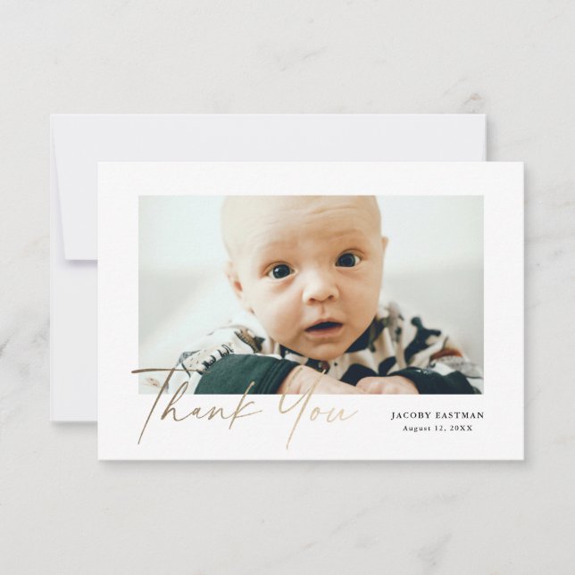 Petite Elegant Gold Script Baby Photo Thank You Card (Front)