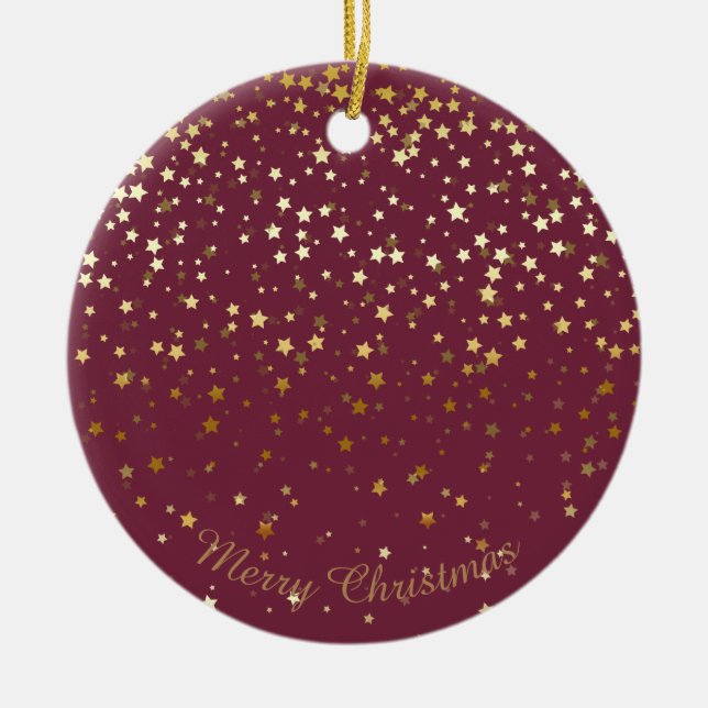 Petite Golden Stars Christmas Ornament-Plum Ceramic Tree Decoration (Front)