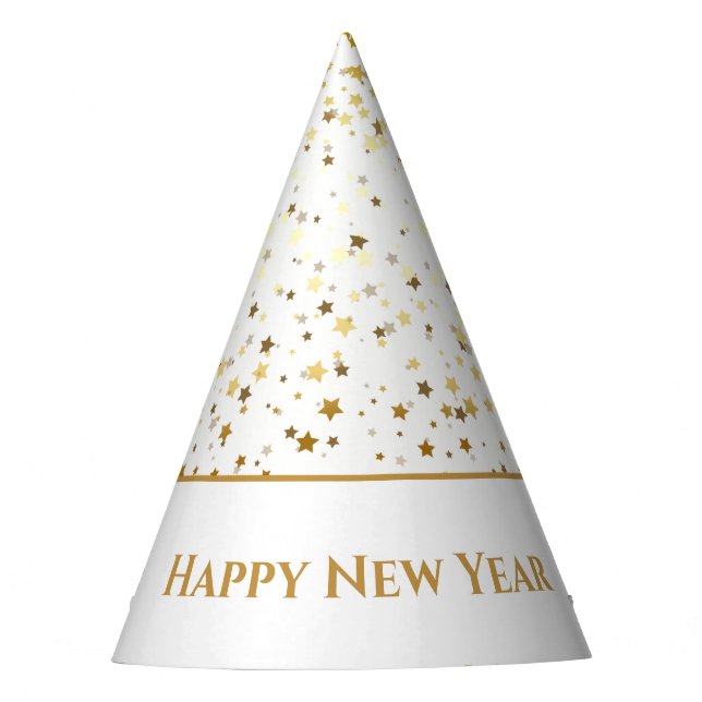 Petite Golden Stars Happy New Year Hat-White Party Hat (Front)
