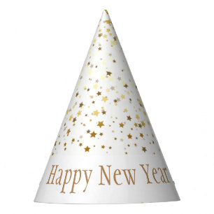 Petite Golden Stars Happy New Year Hat-White Party Hat