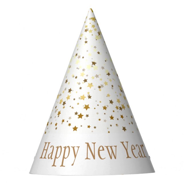 Petite Golden Stars Happy New Year Hat-White Party Hat (Front)
