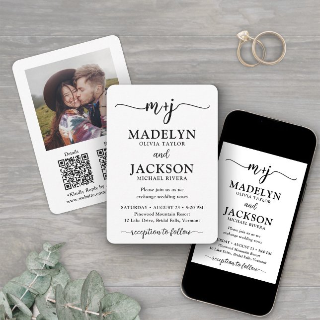 Petite Monogram QR Code All-In-One Photo Wedding Invitation (Creator Uploaded)
