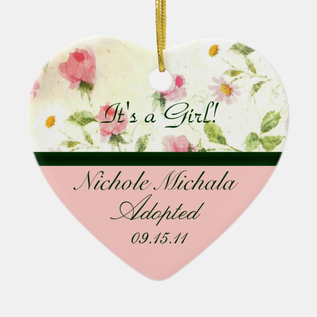 Petite Pink Roses Adoption Announcement Keepsake Ceramic Tree Decoration (Front)