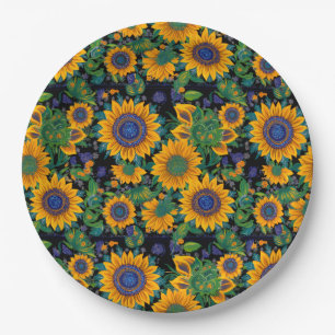 Petrikivka Ukrainian folk art. Sunflowers blooming Paper Plate