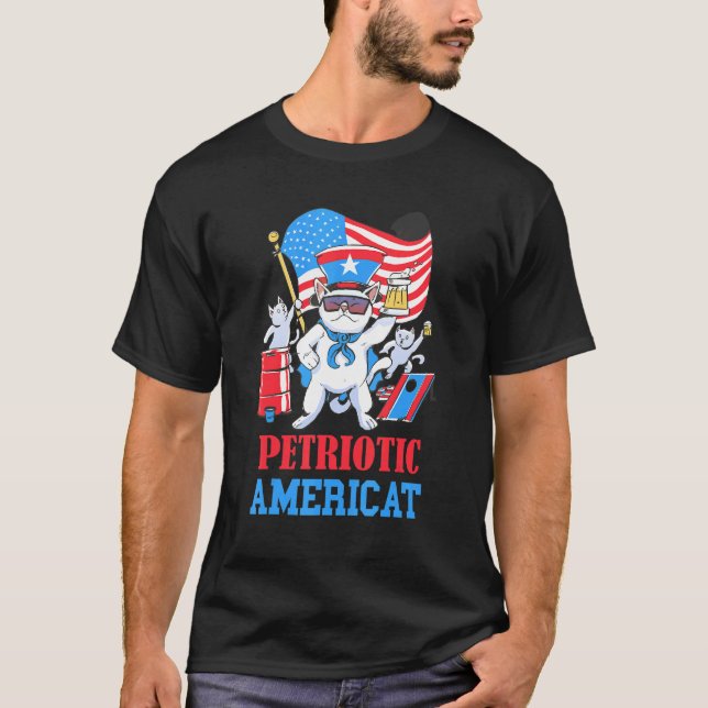 Petriotic Americat Party American Cat  4th Of July T-Shirt (Front)