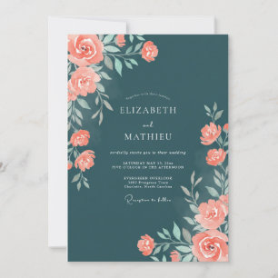 Petrol Apricot Petal Wedding Invitation