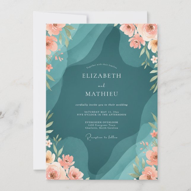Petrol Apricot Ranunculus Eucalyptus Wedding Invitation (Front)