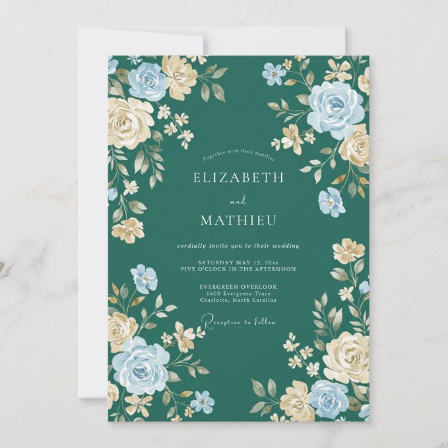 Petrol Azure Petal Wedding Invitation (Front)