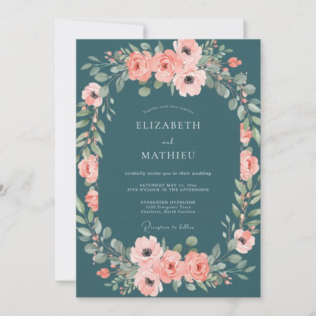 Petrol Coral Blossom Wedding Invitation (Front)