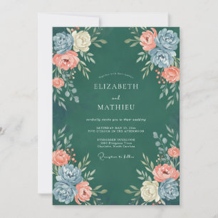Petrol Coral Ranunculus Eucalyptus Wedding Invitation
