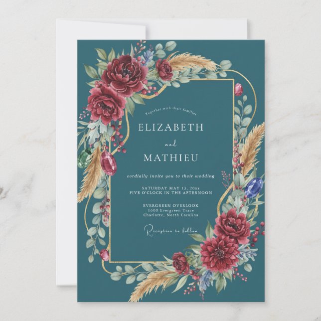 Petrol Crimson Ranunculus Eucalyptus Wedding Invitation (Front)