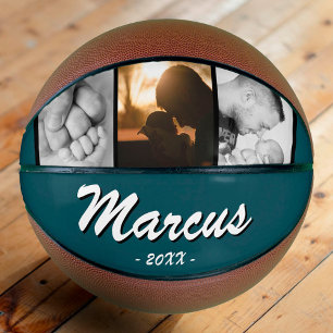 Petrol Green Dad Name Keepsake 3 Photo Collage Basketball