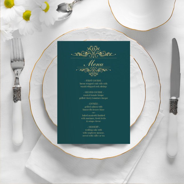 Petrol green elegant golden frame wedding menu (Creator Uploaded)